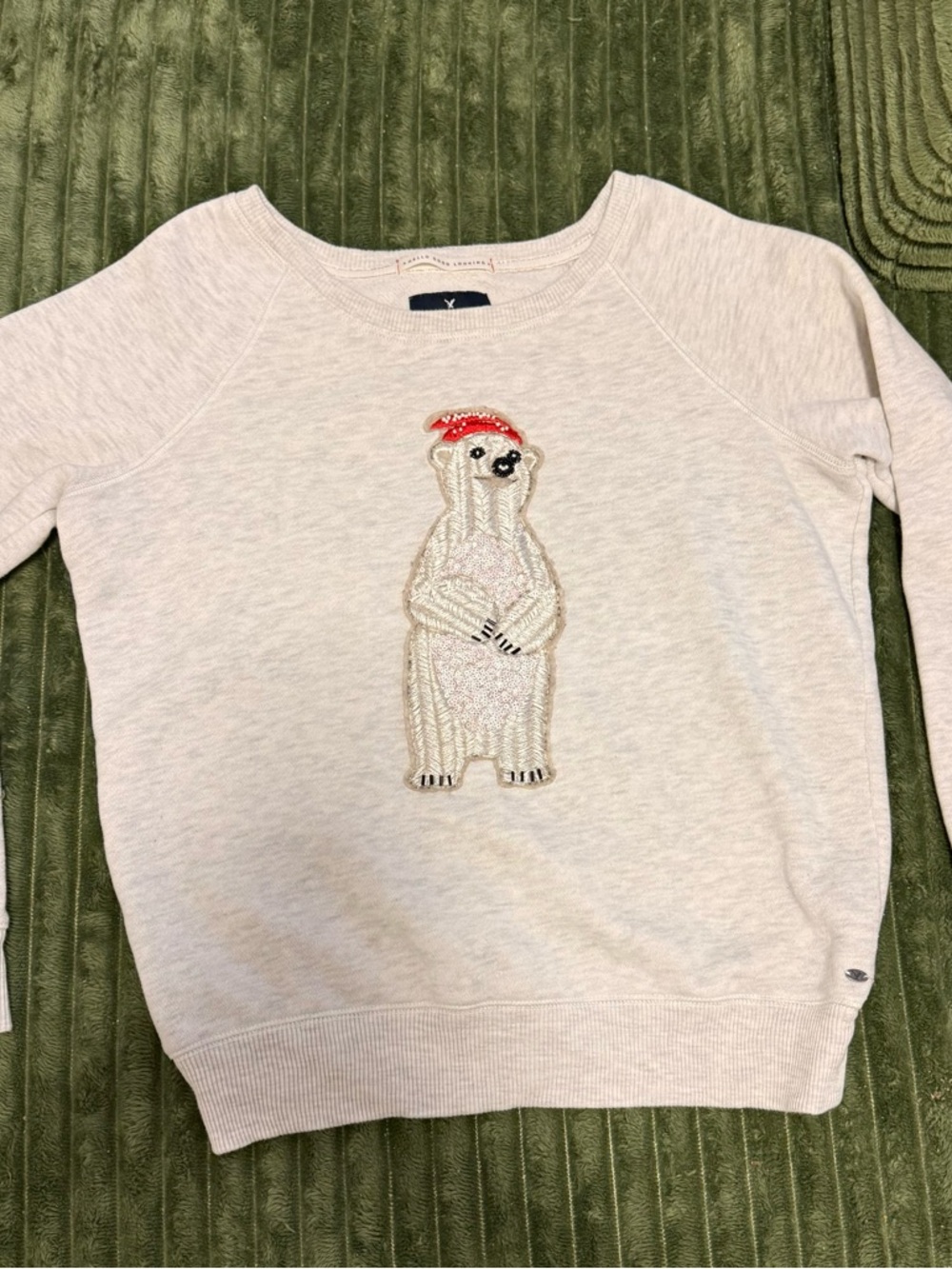 American Eagle Cozy Polar Bear Embroidered Sweatshirt - Light Grey